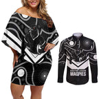 Souths Rugby Custom Couples Matching Off Shoulder Short Dress and Long Sleeve Button Shirt Go Magpies Mascot Aboriginal Art - Aussie Hoodie