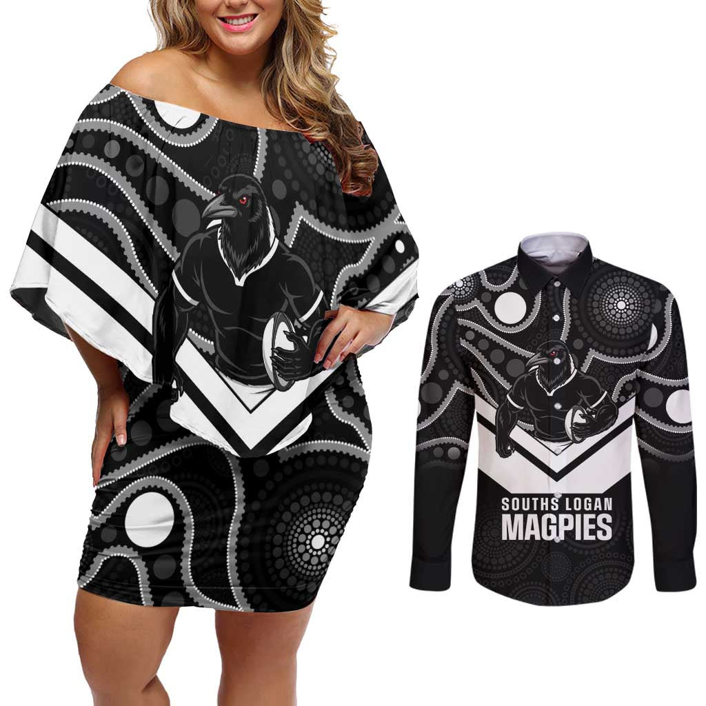 Souths Rugby Custom Couples Matching Off Shoulder Short Dress and Long Sleeve Button Shirt Go Magpies Mascot Aboriginal Art - Aussie Hoodie