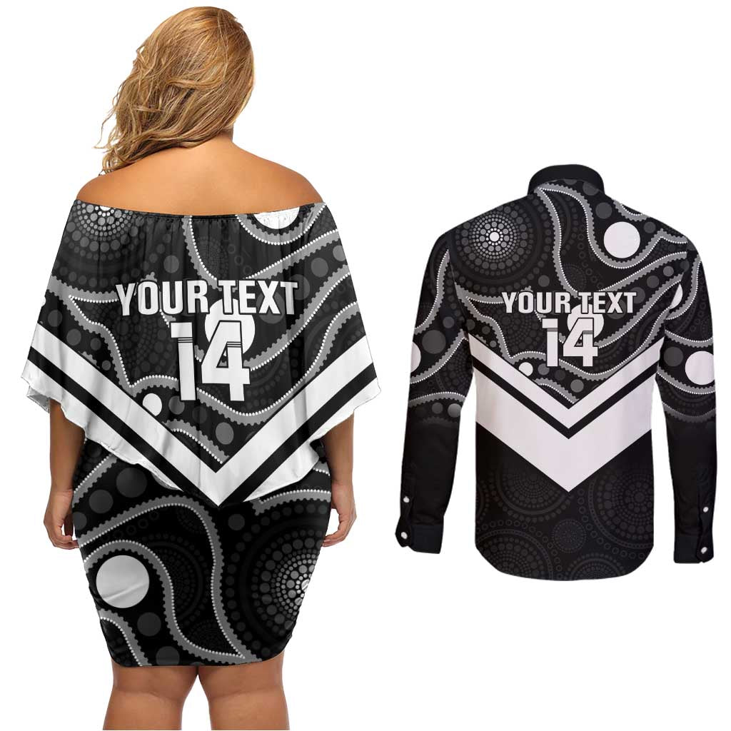 Souths Rugby Custom Couples Matching Off Shoulder Short Dress and Long Sleeve Button Shirt Go Magpies Mascot Aboriginal Art - Aussie Hoodie