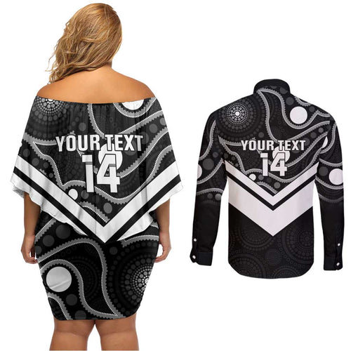 Souths Rugby Custom Couples Matching Off Shoulder Short Dress and Long Sleeve Button Shirt Go Magpies Mascot Aboriginal Art - Aussie Hoodie