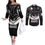 Souths Rugby Custom Couples Matching Off The Shoulder Long Sleeve Dress and Long Sleeve Button Shirt Go Magpies Mascot Aboriginal Art - Aussie Hoodie