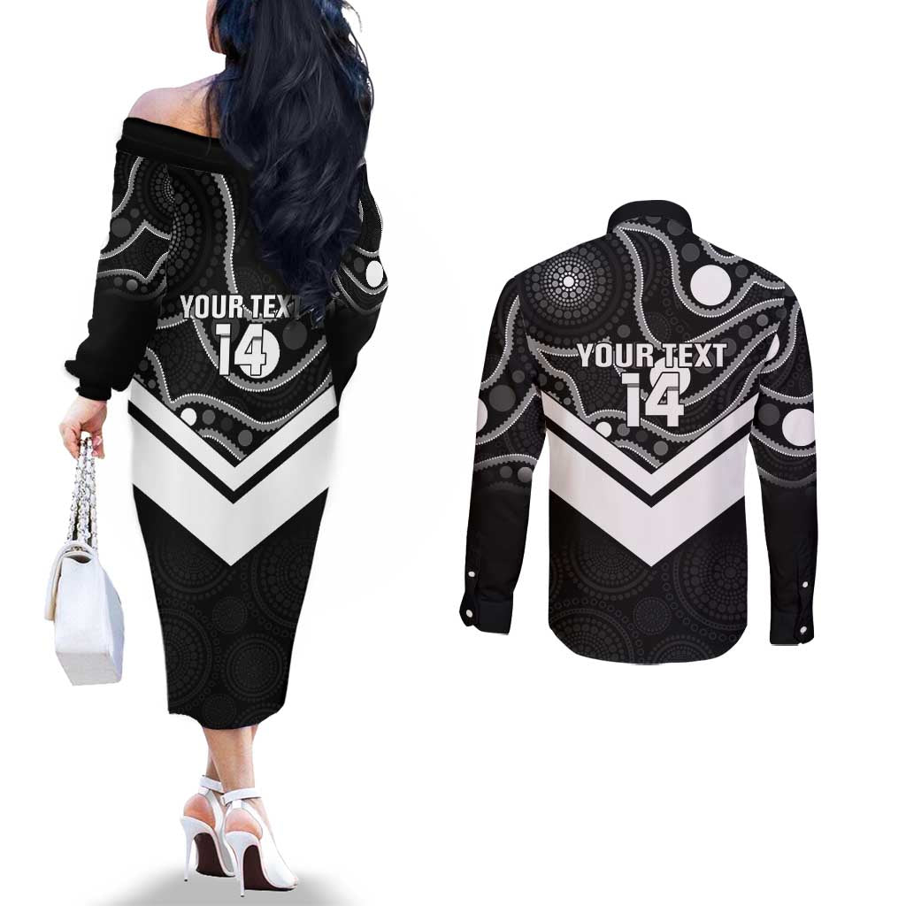 Souths Rugby Custom Couples Matching Off The Shoulder Long Sleeve Dress and Long Sleeve Button Shirt Go Magpies Mascot Aboriginal Art - Aussie Hoodie