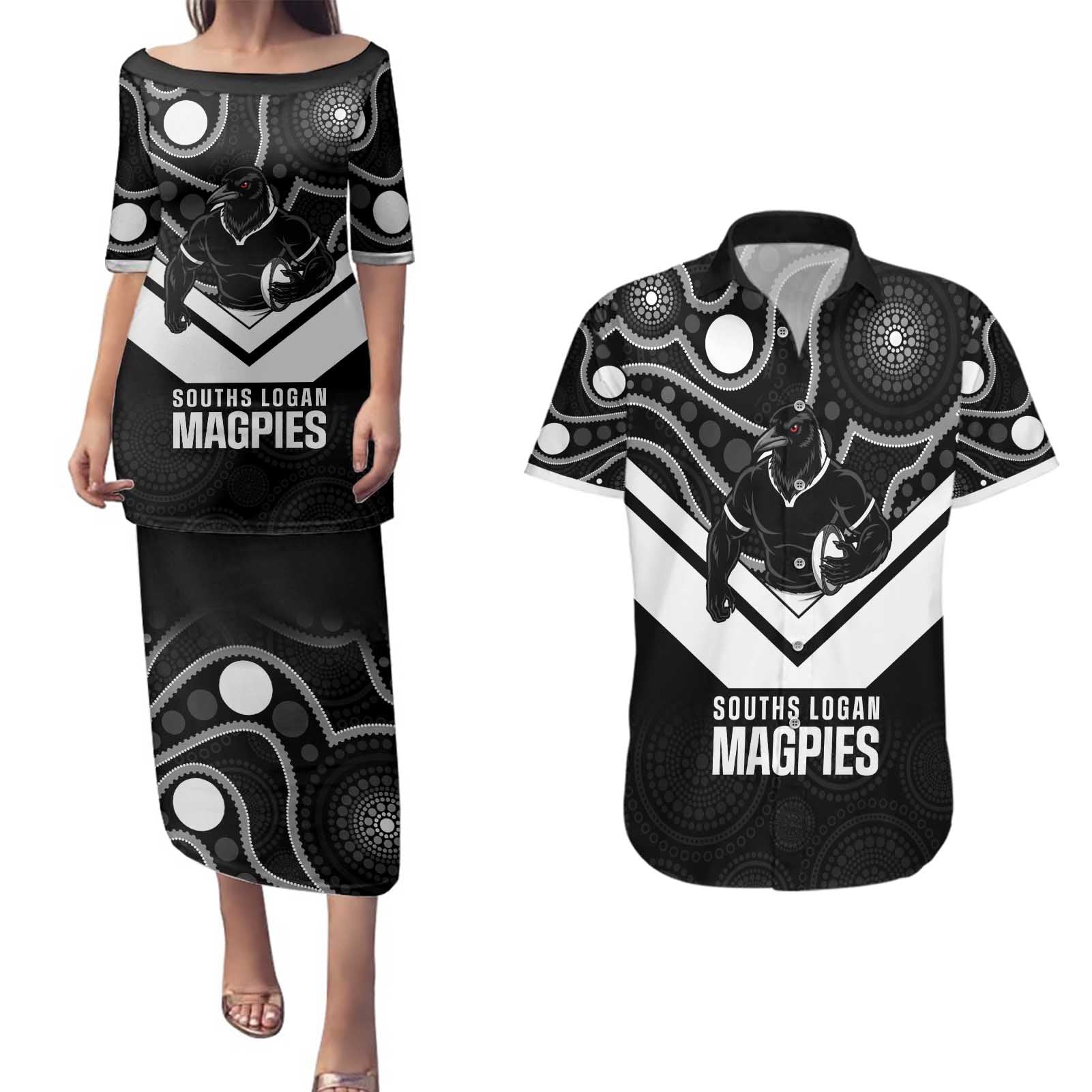 Souths Rugby Custom Couples Matching Puletasi and Hawaiian Shirt Go Magpies Mascot Aboriginal Art - Aussie Hoodie