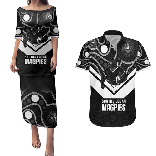 Souths Rugby Custom Couples Matching Puletasi and Hawaiian Shirt Go Magpies Mascot Aboriginal Art - Aussie Hoodie