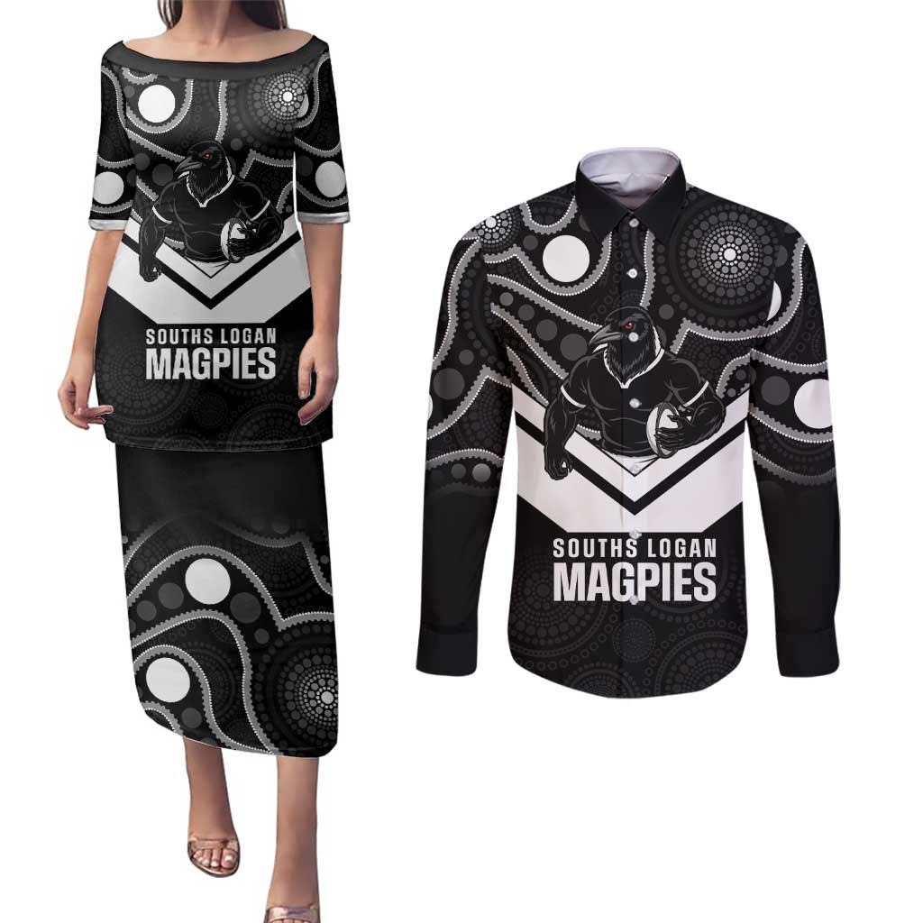Souths Rugby Custom Couples Matching Puletasi and Long Sleeve Button Shirt Go Magpies Mascot Aboriginal Art - Aussie Hoodie
