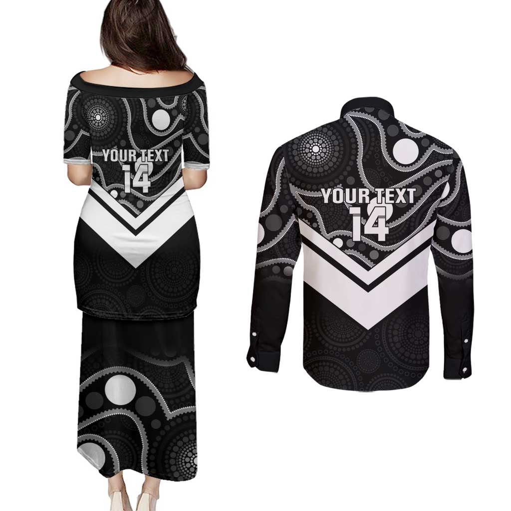 Souths Rugby Custom Couples Matching Puletasi and Long Sleeve Button Shirt Go Magpies Mascot Aboriginal Art - Aussie Hoodie