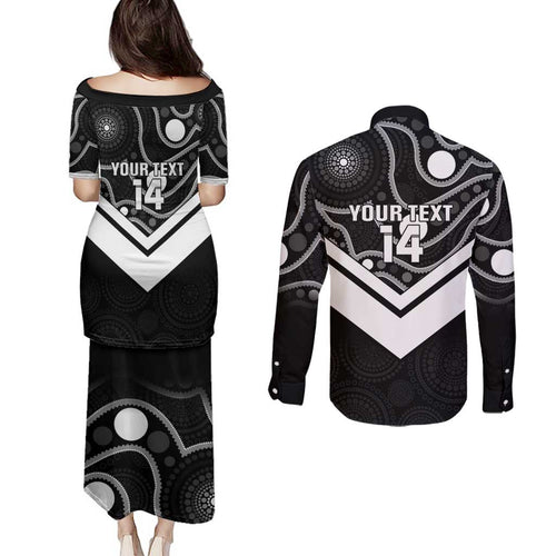 Souths Rugby Custom Couples Matching Puletasi and Long Sleeve Button Shirt Go Magpies Mascot Aboriginal Art - Aussie Hoodie