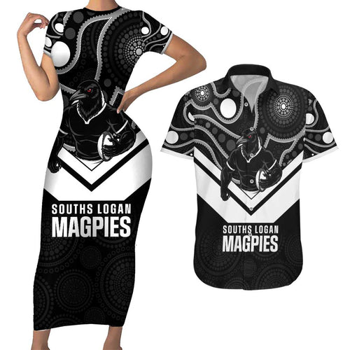 Souths Rugby Custom Couples Matching Short Sleeve Bodycon Dress and Hawaiian Shirt Go Magpies Mascot Aboriginal Art - Aussie Hoodie