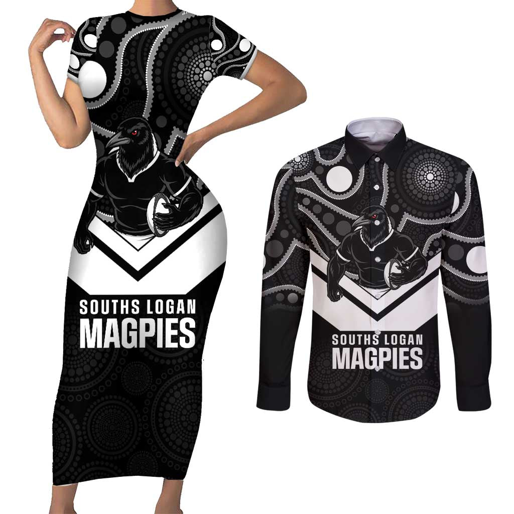 Souths Rugby Custom Couples Matching Short Sleeve Bodycon Dress and Long Sleeve Button Shirt Go Magpies Mascot Aboriginal Art - Aussie Hoodie