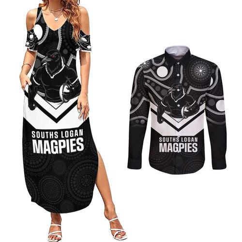 Souths Rugby Custom Couples Matching Summer Maxi Dress and Long Sleeve Button Shirt Go Magpies Mascot Aboriginal Art - Aussie Hoodie