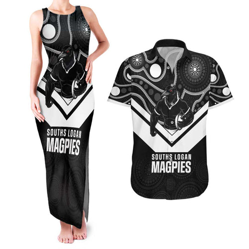 Souths Rugby Custom Couples Matching Tank Maxi Dress and Hawaiian Shirt Go Magpies Mascot Aboriginal Art - Aussie Hoodie