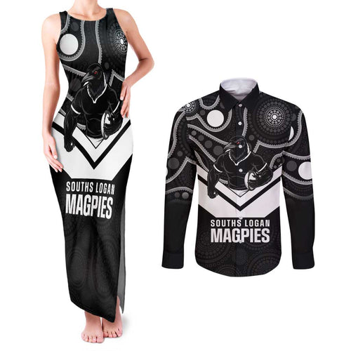 Souths Rugby Custom Couples Matching Tank Maxi Dress and Long Sleeve Button Shirt Go Magpies Mascot Aboriginal Art - Aussie Hoodie