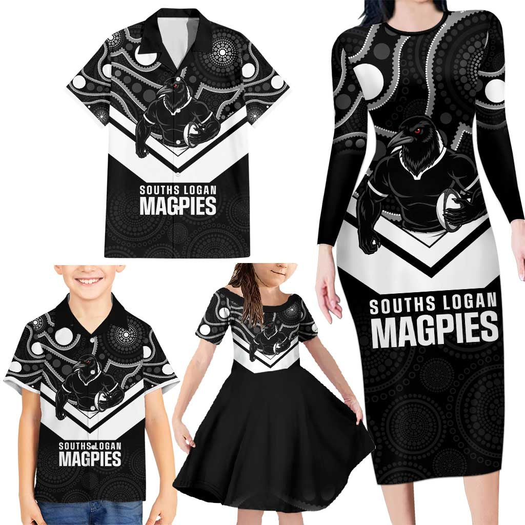 Souths Rugby Custom Family Matching Long Sleeve Bodycon Dress and Hawaiian Shirt Go Magpies Mascot Aboriginal Art - Aussie Hoodie