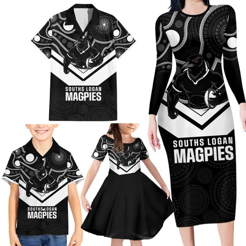Souths Rugby Custom Family Matching Long Sleeve Bodycon Dress and Hawaiian Shirt Go Magpies Mascot Aboriginal Art - Aussie Hoodie