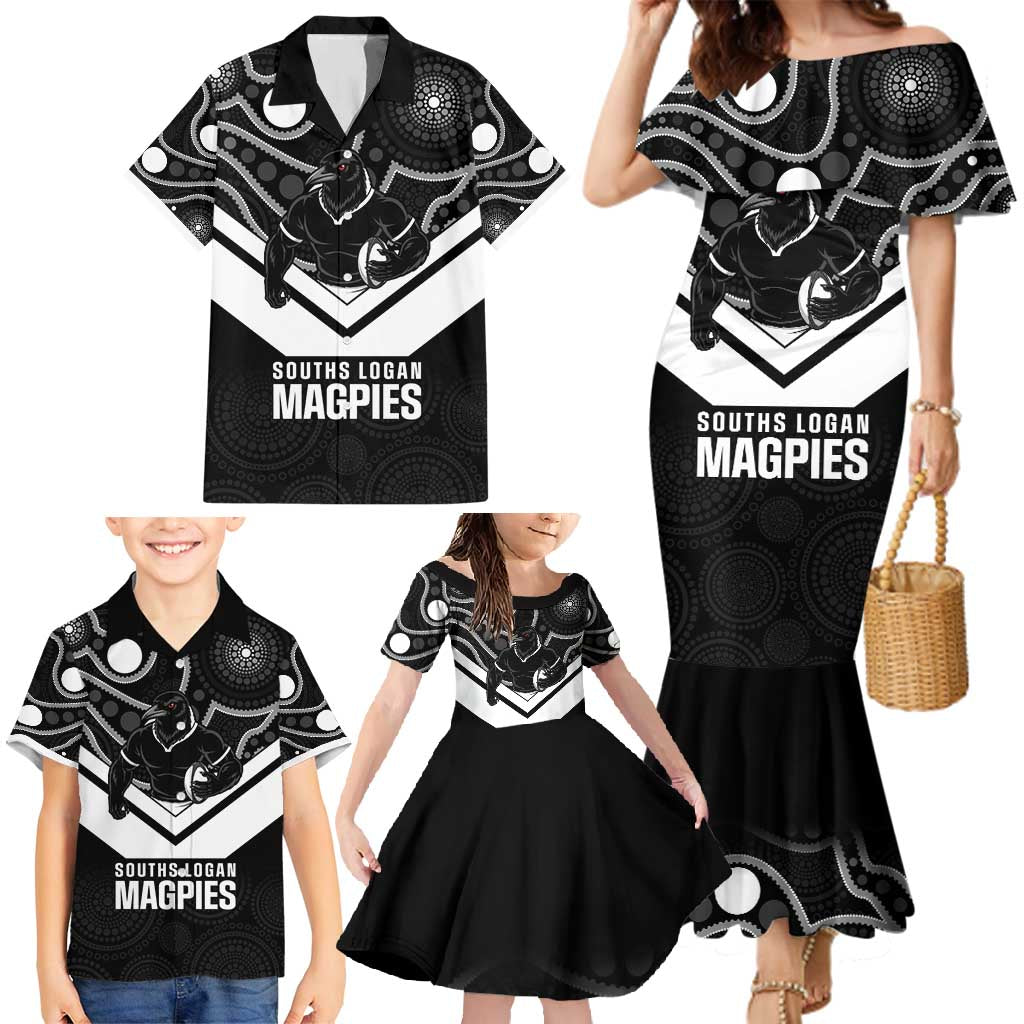 Souths Rugby Custom Family Matching Mermaid Dress and Hawaiian Shirt Go Magpies Mascot Aboriginal Art - Aussie Hoodie