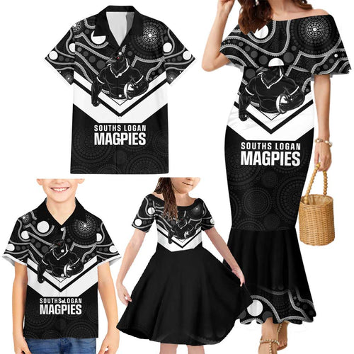 Souths Rugby Custom Family Matching Mermaid Dress and Hawaiian Shirt Go Magpies Mascot Aboriginal Art - Aussie Hoodie