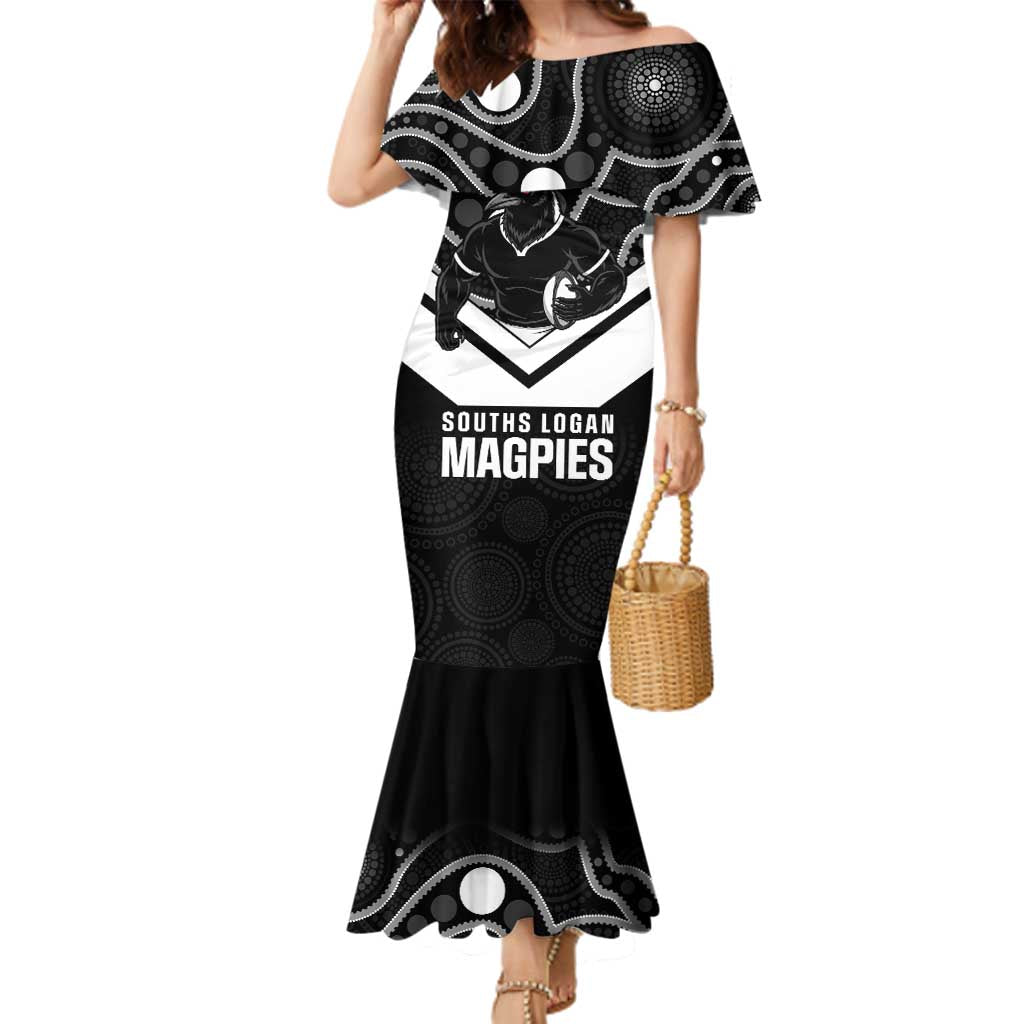 Souths Rugby Custom Family Matching Mermaid Dress and Hawaiian Shirt Go Magpies Mascot Aboriginal Art - Aussie Hoodie