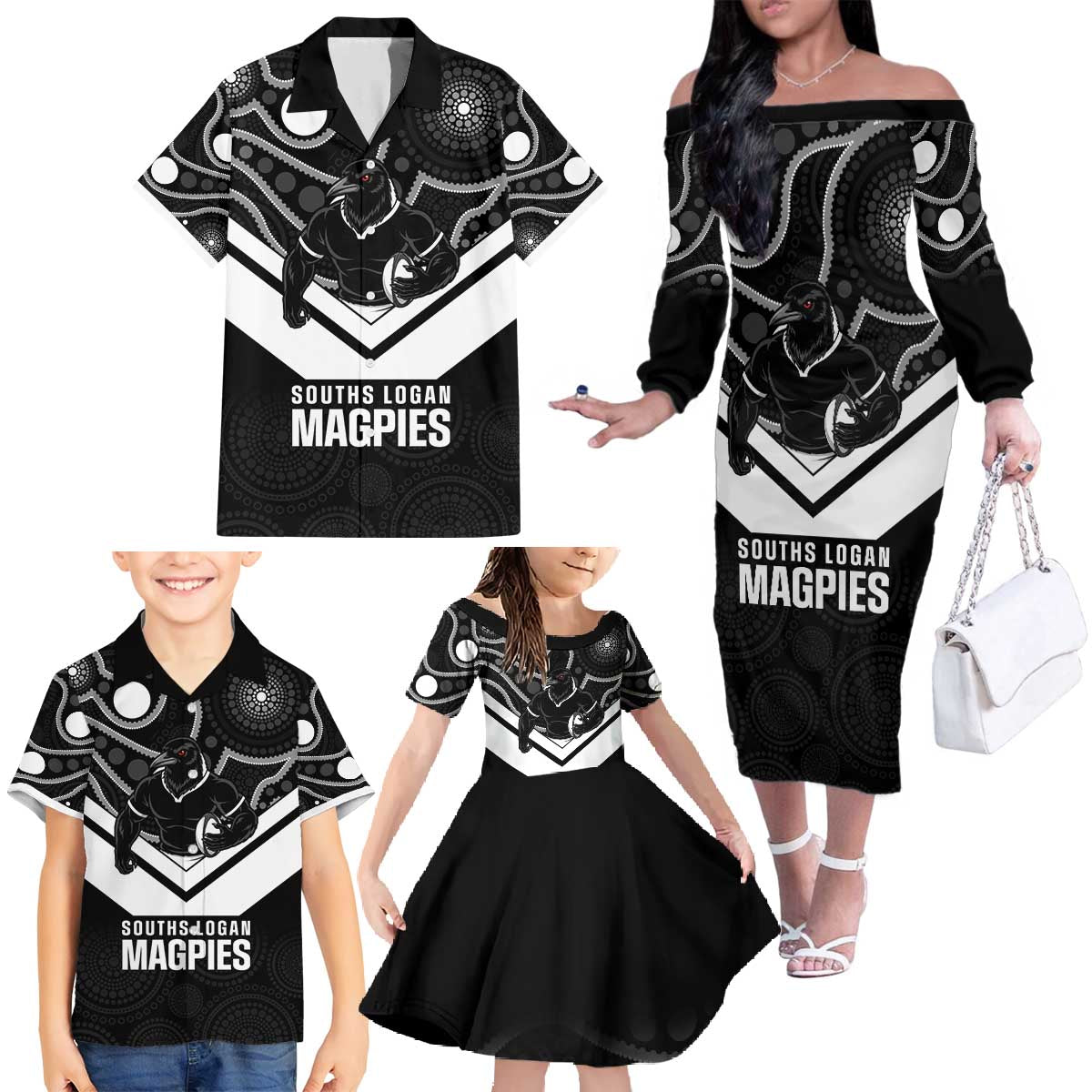 Souths Rugby Custom Family Matching Off The Shoulder Long Sleeve Dress and Hawaiian Shirt Go Magpies Mascot Aboriginal Art - Aussie Hoodie