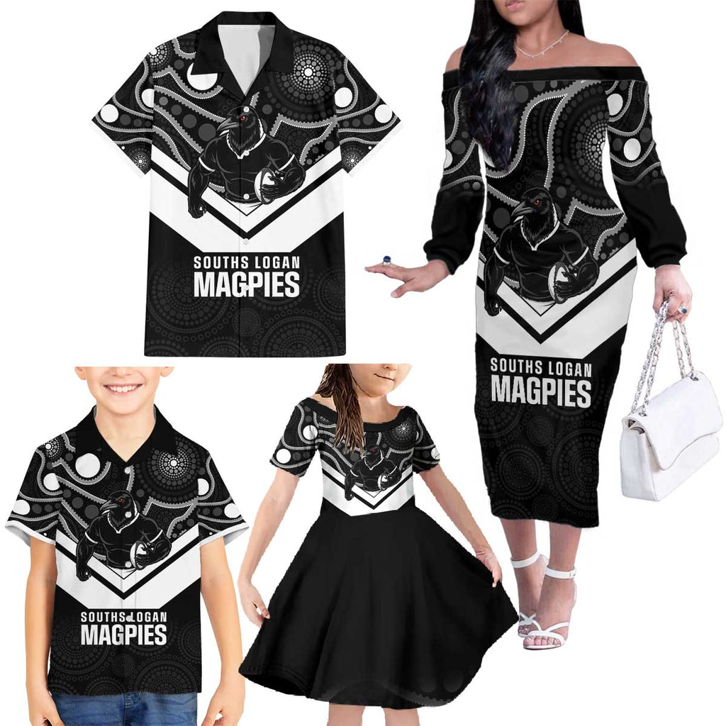 Souths Rugby Custom Family Matching Off The Shoulder Long Sleeve Dress and Hawaiian Shirt Go Magpies Mascot Aboriginal Art - Aussie Hoodie