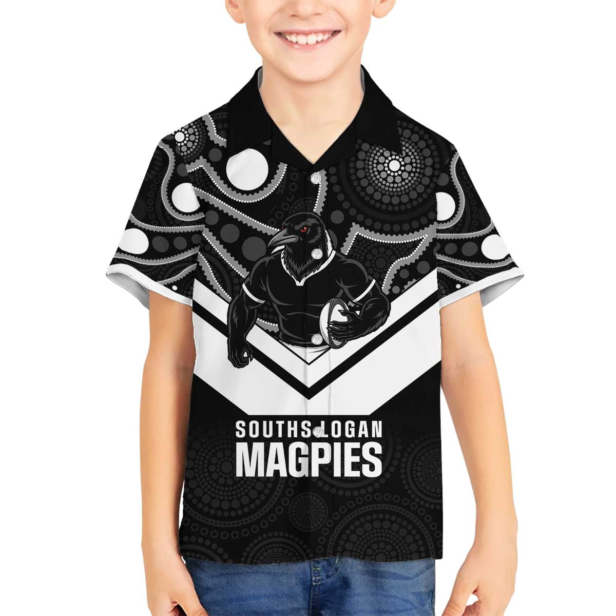 Souths Rugby Custom Family Matching Off The Shoulder Long Sleeve Dress and Hawaiian Shirt Go Magpies Mascot Aboriginal Art - Aussie Hoodie