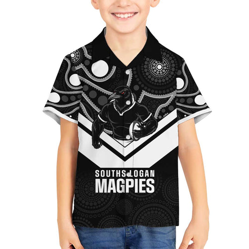 Souths Rugby Custom Family Matching Off The Shoulder Long Sleeve Dress and Hawaiian Shirt Go Magpies Mascot Aboriginal Art - Aussie Hoodie