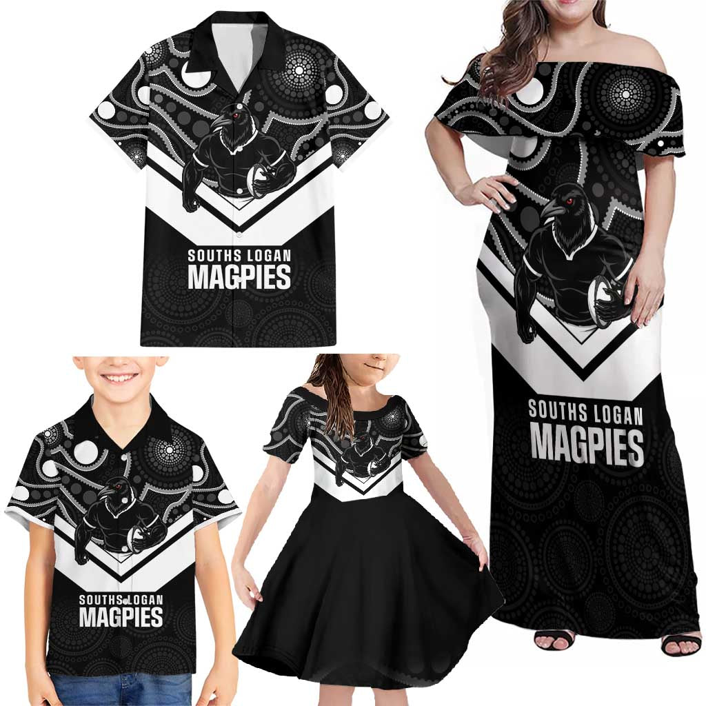Souths Rugby Custom Family Matching Off Shoulder Maxi Dress and Hawaiian Shirt Go Magpies Mascot Aboriginal Art - Aussie Hoodie