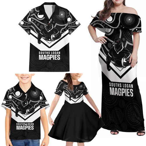 Souths Rugby Custom Family Matching Off Shoulder Maxi Dress and Hawaiian Shirt Go Magpies Mascot Aboriginal Art - Aussie Hoodie