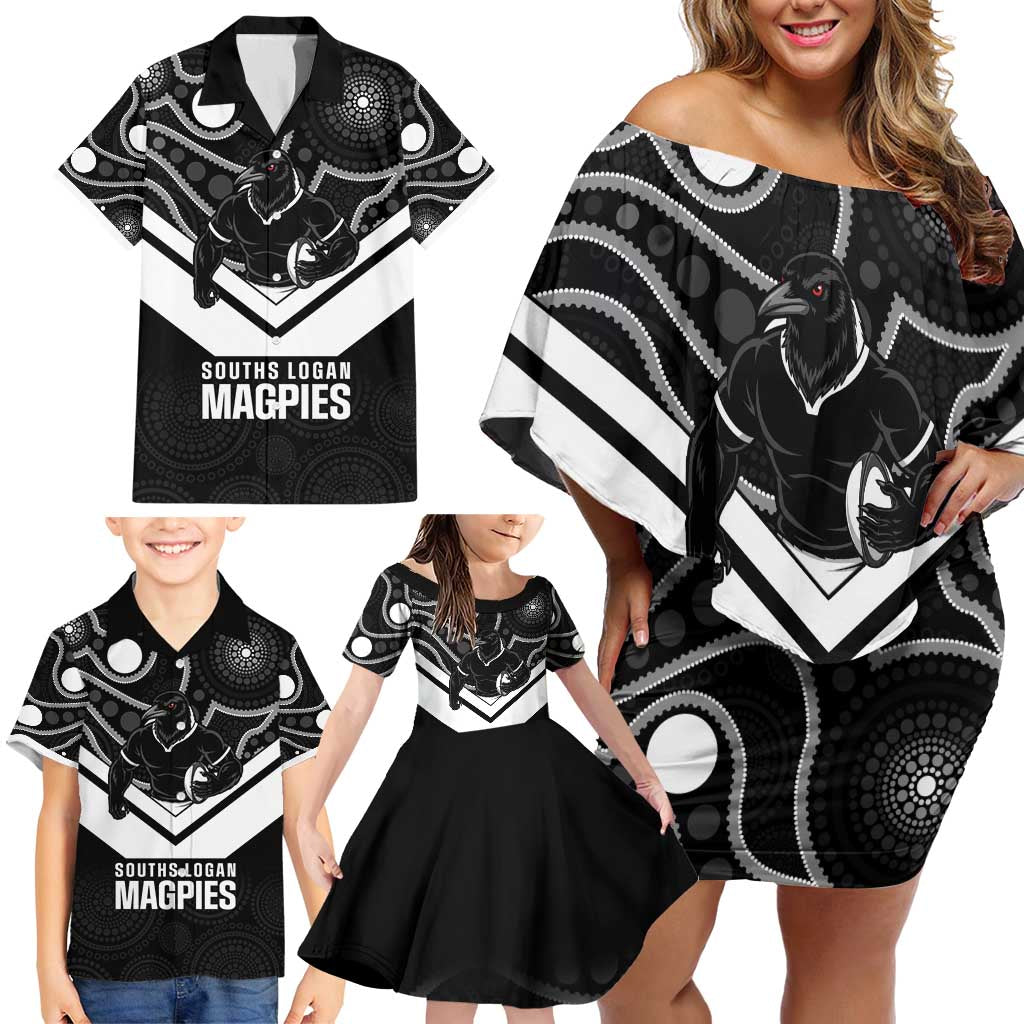 Souths Rugby Custom Family Matching Off Shoulder Short Dress and Hawaiian Shirt Go Magpies Mascot Aboriginal Art - Aussie Hoodie
