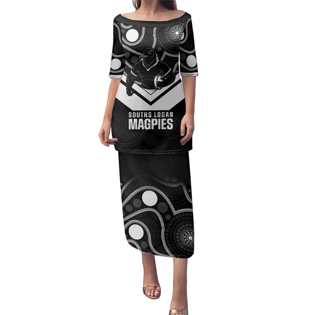 Souths Rugby Custom Family Matching Puletasi and Hawaiian Shirt Go Magpies Mascot Aboriginal Art - Aussie Hoodie