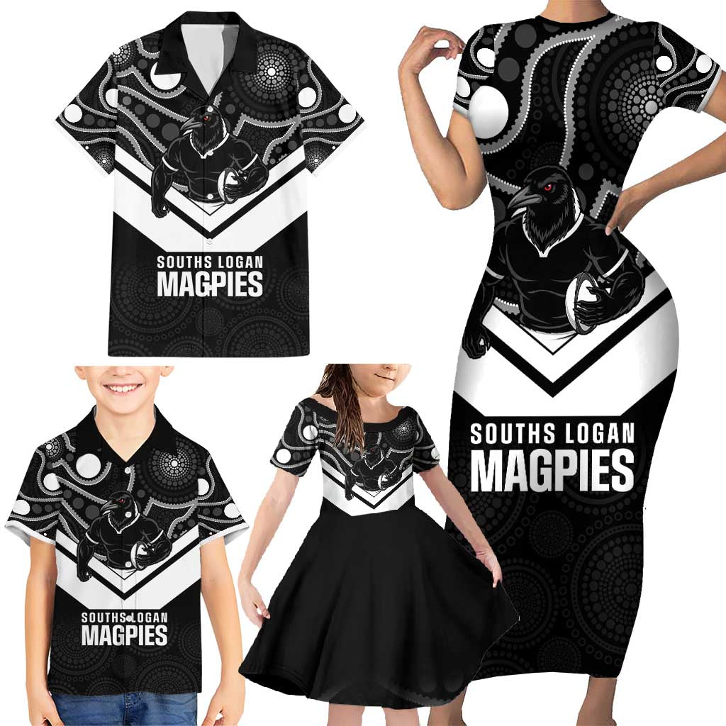 Souths Rugby Custom Family Matching Short Sleeve Bodycon Dress and Hawaiian Shirt Go Magpies Mascot Aboriginal Art - Aussie Hoodie
