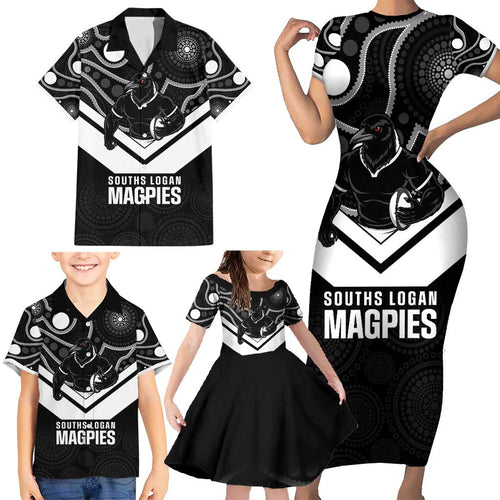 Souths Rugby Custom Family Matching Short Sleeve Bodycon Dress and Hawaiian Shirt Go Magpies Mascot Aboriginal Art - Aussie Hoodie