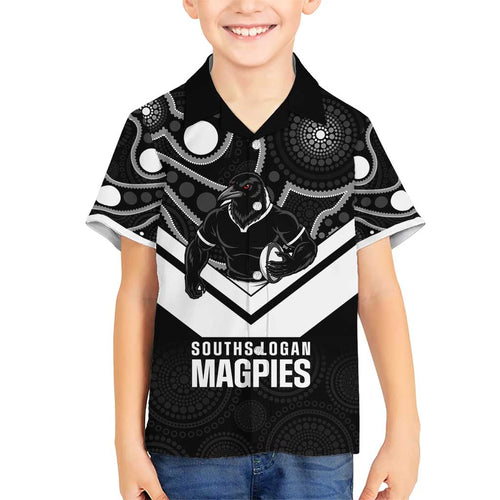 Souths Rugby Custom Family Matching Short Sleeve Bodycon Dress and Hawaiian Shirt Go Magpies Mascot Aboriginal Art - Aussie Hoodie