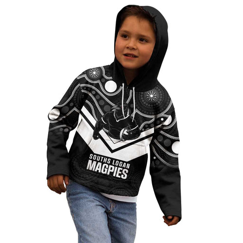 Souths Rugby Custom Kid Hoodie Go Magpies Mascot Aboriginal Art - Aussie Hoodie