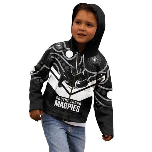 Souths Rugby Custom Kid Hoodie Go Magpies Mascot Aboriginal Art - Aussie Hoodie