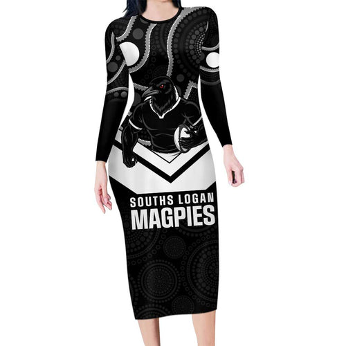 Souths Rugby Custom Long Sleeve Bodycon Dress Go Magpies Mascot Aboriginal Art - Aussie Hoodie