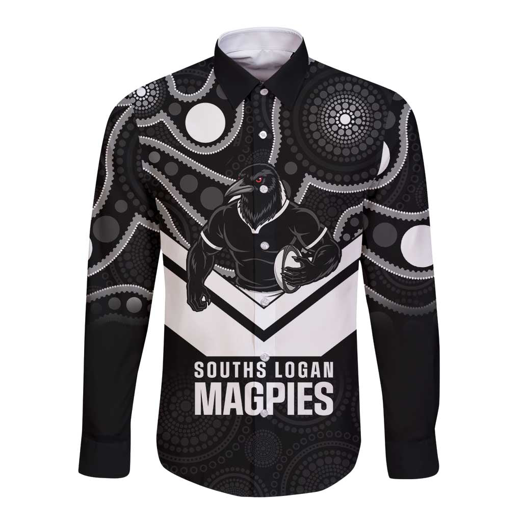 Souths Rugby Custom Long Sleeve Button Shirt Go Magpies Mascot Aboriginal Art - Aussie Hoodie