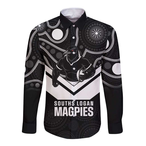 Souths Rugby Custom Long Sleeve Button Shirt Go Magpies Mascot Aboriginal Art - Aussie Hoodie