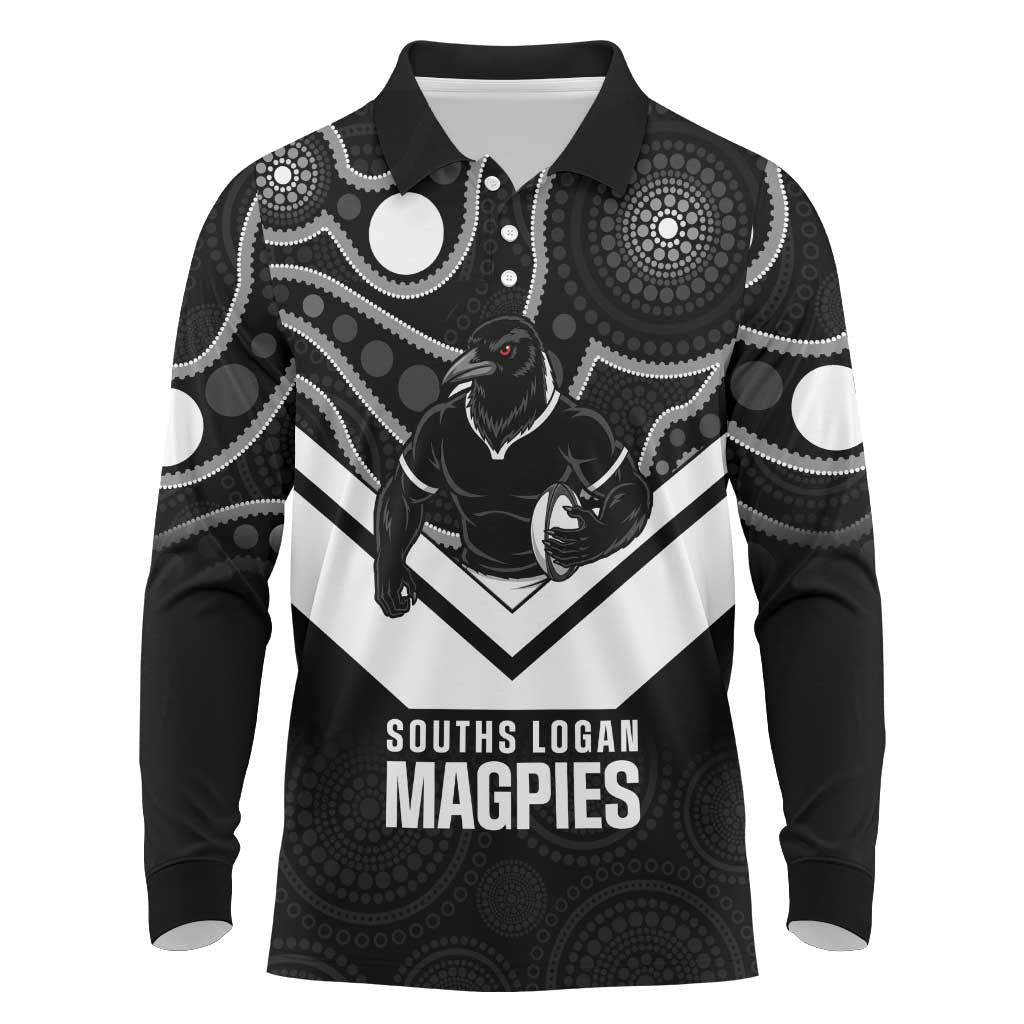 Souths Rugby Custom Long Sleeve Polo Shirt Go Magpies Mascot Aboriginal Art - Aussie Hoodie