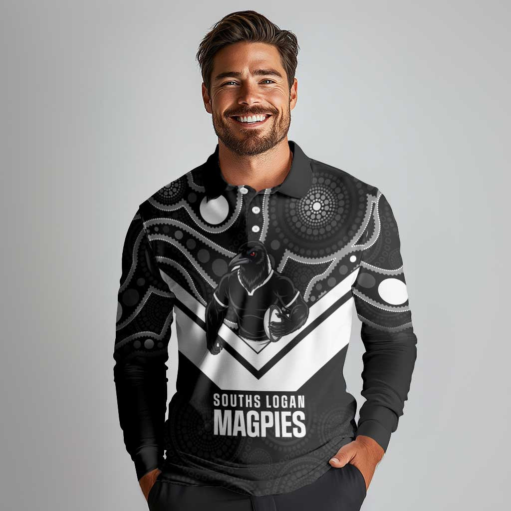 Souths Rugby Custom Long Sleeve Polo Shirt Go Magpies Mascot Aboriginal Art - Aussie Hoodie