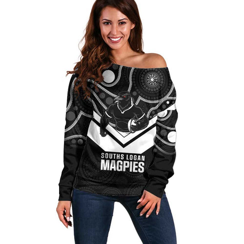 Souths Rugby Custom Off Shoulder Sweater Go Magpies Mascot Aboriginal Art - Aussie Hoodie