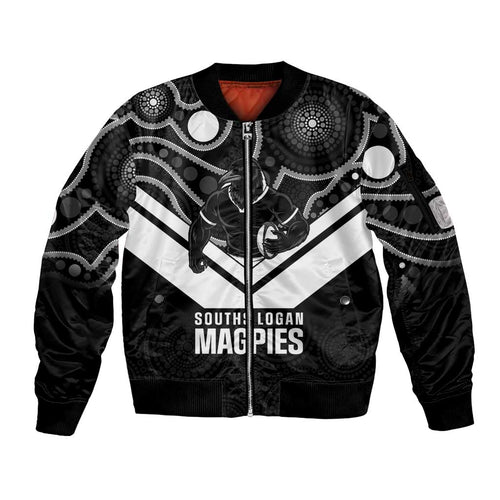 Souths Rugby Custom Sleeve Zip Bomber Jacket Go Magpies Mascot Aboriginal Art - Aussie Hoodie