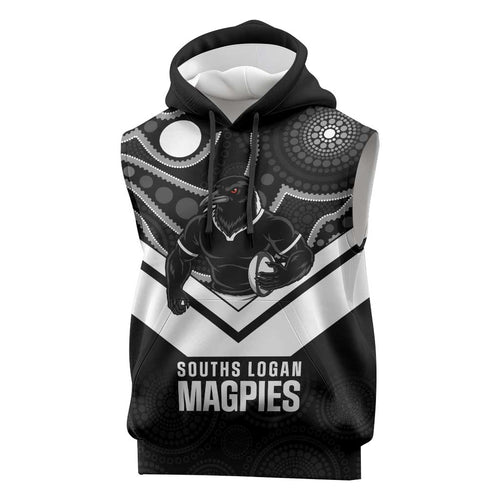 Souths Rugby Custom Sleeveless Hoodie Go Magpies Mascot Aboriginal Art - Aussie Hoodie