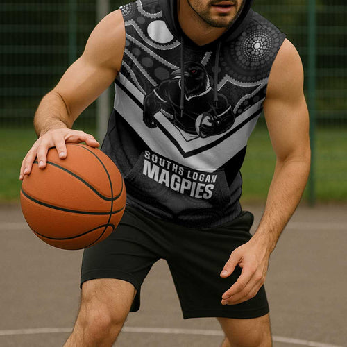 Souths Rugby Custom Sleeveless Hoodie Go Magpies Mascot Aboriginal Art - Aussie Hoodie