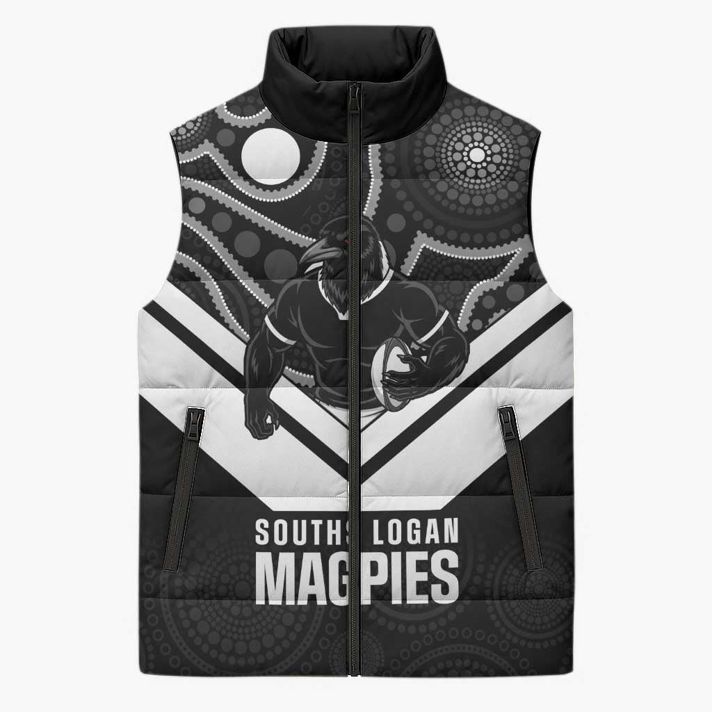 Souths Rugby Custom Sleeveless Puffer Jacket Go Magpies Mascot Aboriginal Art - Aussie Hoodie