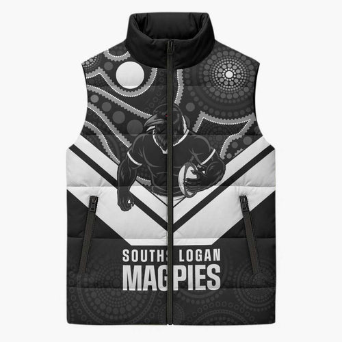 Souths Rugby Custom Sleeveless Puffer Jacket Go Magpies Mascot Aboriginal Art - Aussie Hoodie