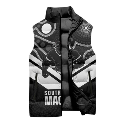 Souths Rugby Custom Sleeveless Puffer Jacket Go Magpies Mascot Aboriginal Art - Aussie Hoodie
