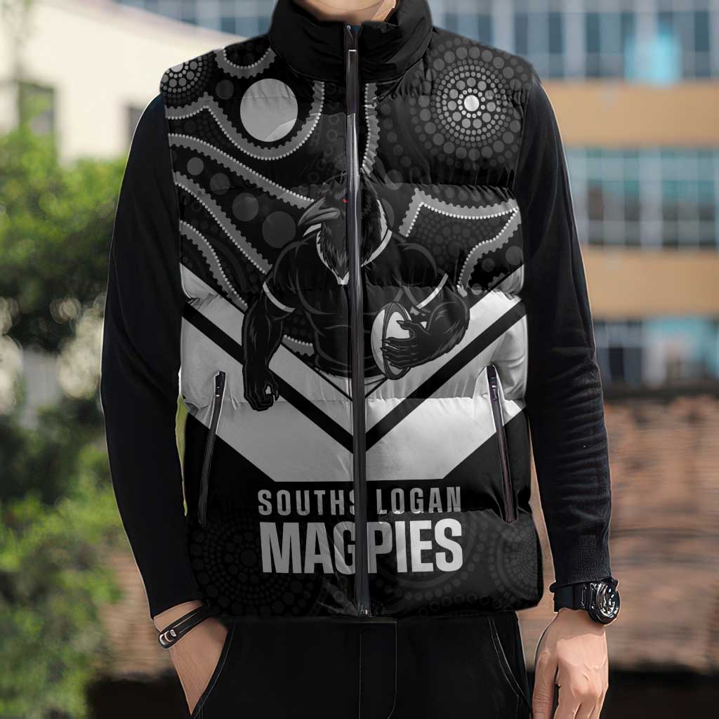 Souths Rugby Custom Sleeveless Puffer Jacket Go Magpies Mascot Aboriginal Art - Aussie Hoodie