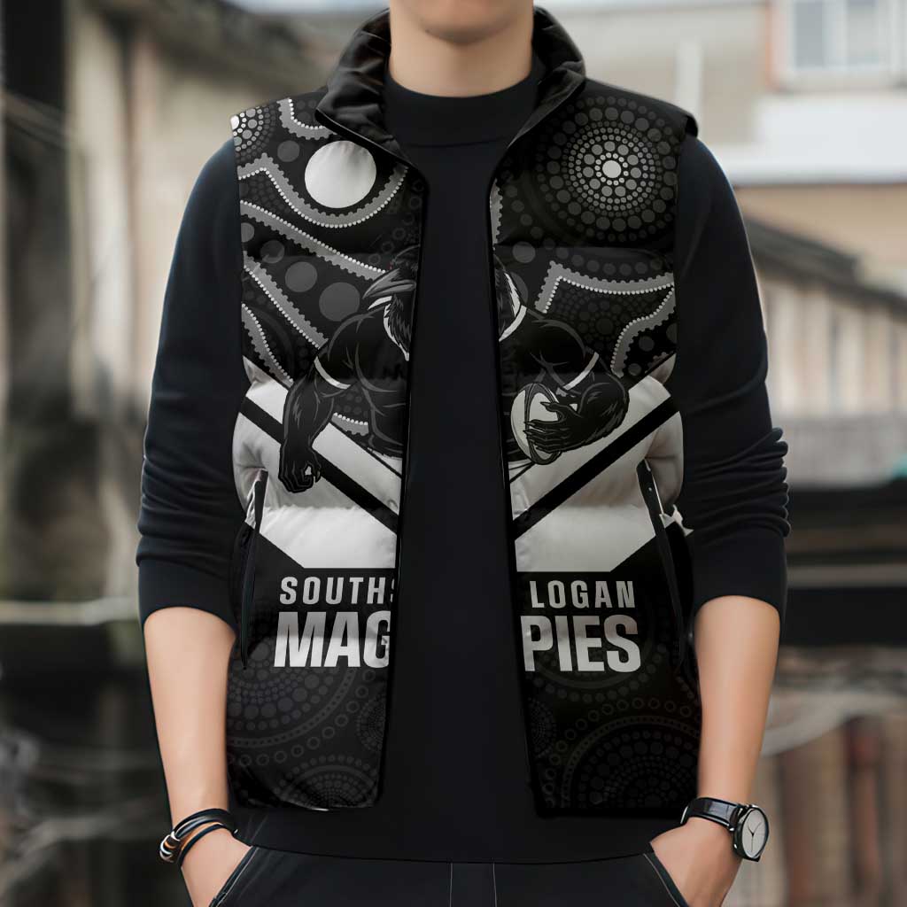 Souths Rugby Custom Sleeveless Puffer Jacket Go Magpies Mascot Aboriginal Art - Aussie Hoodie