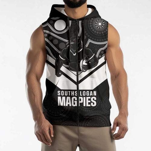 Souths Rugby Custom Sleeveless Zip Hoodie Go Magpies Mascot Aboriginal Art LT14