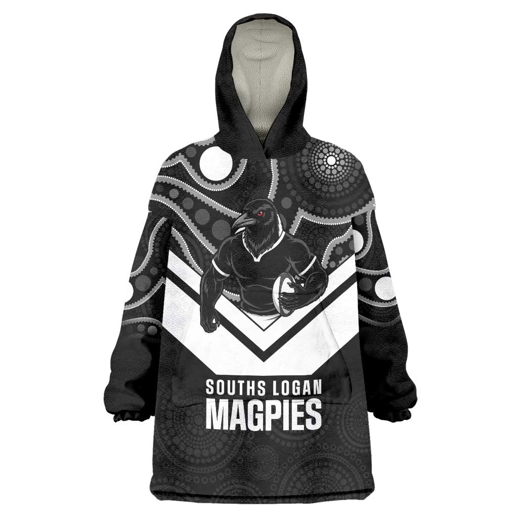 Souths Rugby Custom Wearable Blanket Hoodie Go Magpies Mascot Aboriginal Art - Aussie Hoodie